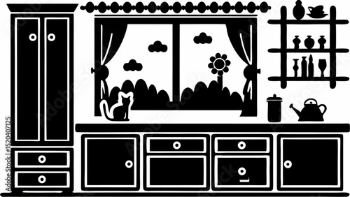 Illustration of a kitchen interior with a cabinet, window view, shelves, and a cat silhouette on the counter editable vector eps,ai