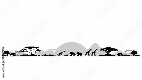 Silhouette of african landscape with giraffes elephants and trees in black and white scenic panorama view editable vector eps,ai