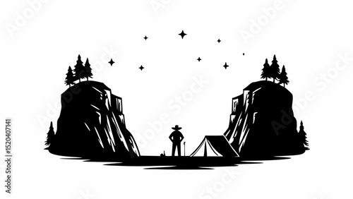 Silhouette illustration of a camper standing near a tent with mountains trees and stars in the background editable vector eps,ai