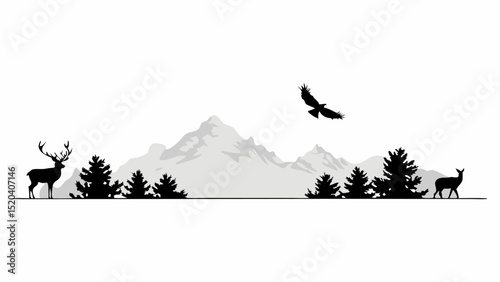 Silhouette of deer, eagle, and trees against a mountain range in a monochrome landscape scene view editable vector eps,ai
