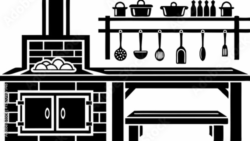 Illustration of a kitchen interior with brick oven, shelf with pots, bottles and utensils, table top editable vector eps,ai silhouette