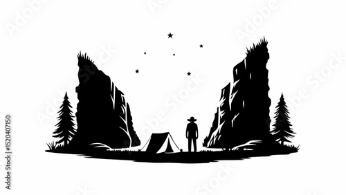 Silhouette of a camper with a tent between rocky cliffs under a starry night sky landscape view editable vector eps,ai