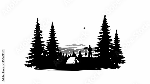 Silhouette of a campsite with a tent and a person looking through a telescope surrounded by pine trees editable vector eps,ai