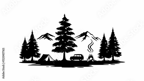 Silhouette of camping scene with tent, car, campfire, trees and mountains in a monochrome landscape view editable vector eps,ai