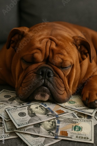 Cute brown bulldog sleeping peacefully on a pile of hundred-dollar bills, symbolizing luxury, wealth, comfort, financial success, and relaxed rich lifestyle

