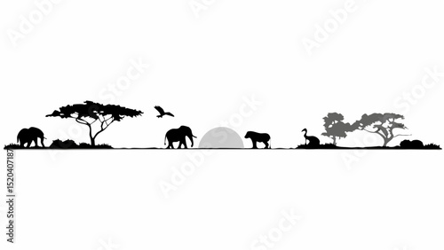 Silhouette of african wildlife including elephants, birds, hippopotamus, and trees at sunset landscape editable vector eps,ai