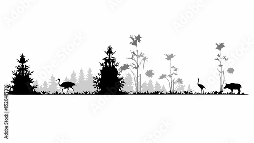 Silhouette of a landscape with trees plants an ostrich a crane and a boar in black and white style editable vector eps,ai