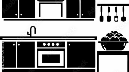 Illustration of a kitchen interior with cabinets sink oven utensils and a bowl of fruits displayed editable vector eps,ai silhouette
