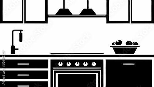 Illustration of a kitchen interior with cabinets sink stove fruit bowl and overhead lighting fixture design editable vector eps,ai silhouette