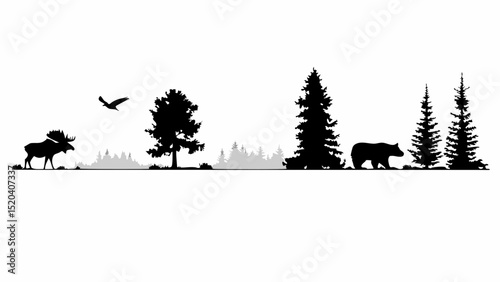 Silhouette of a forest landscape with moose, bird, bear, and various trees in a monochrome design style editable vector eps,ai