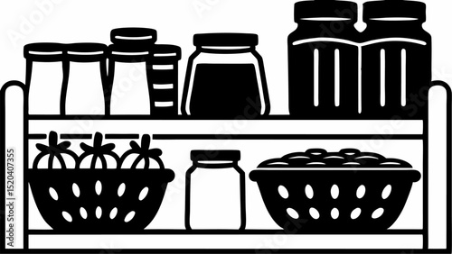 Black and white illustration of a pantry shelf with jars and baskets of food items displayed on it editable vector eps,ai silhouette