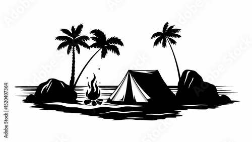 Silhouette of a campsite with a tent, campfire, and palm trees on a tropical island scene at night editable vector eps,ai