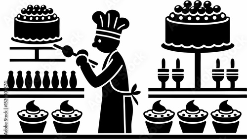 Baker decorating cake with cherries in bakery shop with cupcakes and bottles on shelves in black and white editable vector eps,ai silhouette