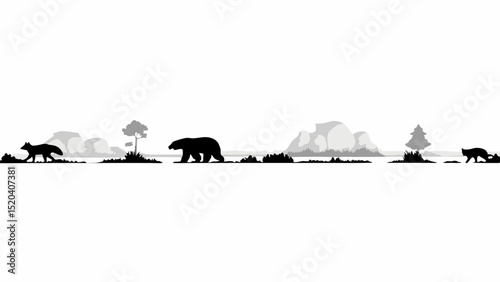 Black and white landscape with silhouettes of animals and trees against a mountain backdrop view scene editable vector eps,ai