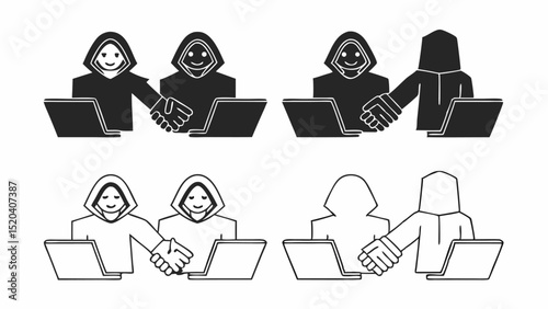 Two pairs of hooded figures shaking hands in front of laptops in black and white illustration format editable vector eps,ai silhouette
