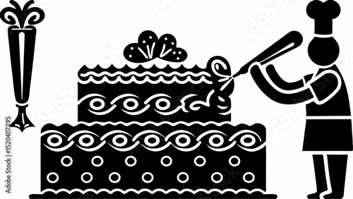 Baker decorating a two tiered cake with frosting bag and a flower vase on the side in black and white editable vector eps,ai silhouette