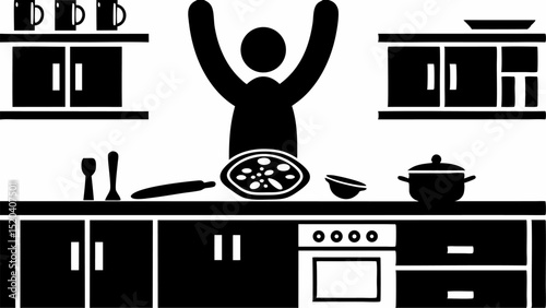 Silhouette of person with arms raised in kitchen with pizza and cooking utensils on the counter top editable vector eps,ai