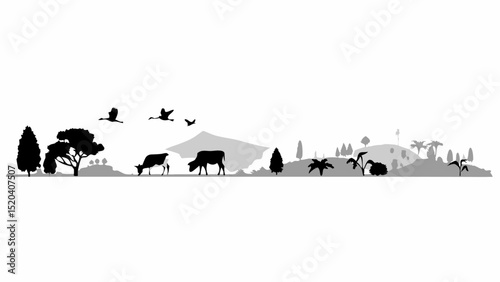 Silhouette landscape with cows grazing, birds flying, trees, and a mountain in the background view scenery editable vector eps,ai