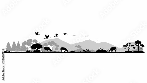 Silhouette landscape with mountains trees birds and grazing animals in monochrome style is presented editable vector eps,ai