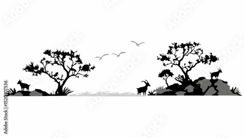 Silhouette landscape with goats trees and birds in a monochrome color scheme creating a serene scene editable vector eps,ai