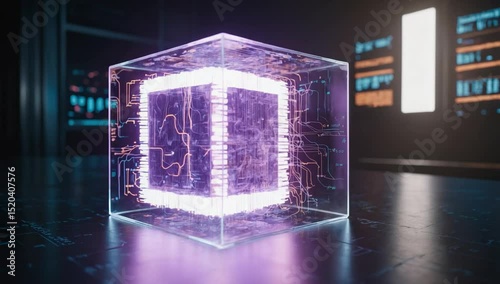 Illuminated microchip inside a transparent cube representing modern technology and future computing