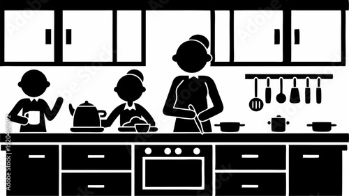 A monochrome illustration depicting a family preparing food together in a kitchen setting with cabinets editable vector eps,ai silhouette