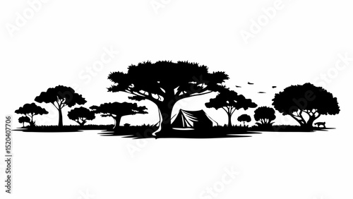 Silhouette of a camping scene with a tent surrounded by trees and wildlife in a monochrome landscape view editable vector eps,ai