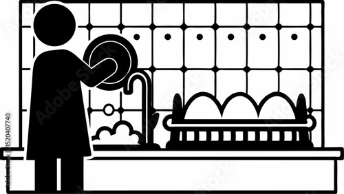 Person washing dishes at the sink with tile backsplash and dish rack in a kitchen environment scene editable vector eps,ai silhouette