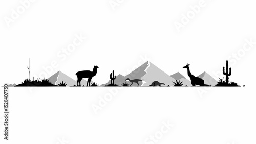 Silhouette of desert landscape featuring llama, dinosaur, armadillo, and cacti against mountain backdrop editable vector eps,ai