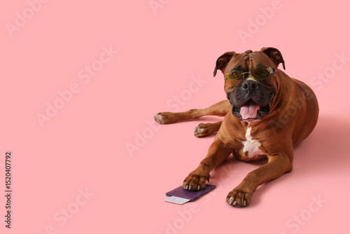 Brown American Bulldog in sunglasses with passport lying on pink background. Summer travel concept