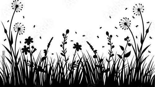 Silhouette of meadow with dandelions flowers grass and insects on a white background landscape view editable vector eps,ai