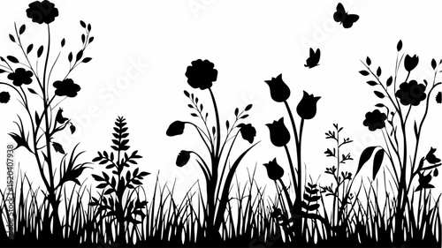 Silhouette of floral meadow with butterflies and various plants in black and white design element editable vector eps,ai