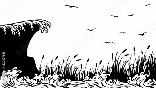 Black and white illustration of a wave crashing near reeds with birds flying in the sky above it all editable vector eps,ai silhouette