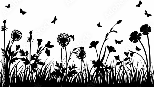 Black silhouette of a field with flowers and dandelions and butterflies flying around in the sky above editable vector eps,ai