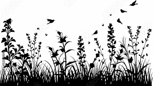 Silhouette of various plants and flying birds creating a natural and peaceful black and white scene view editable vector eps,ai