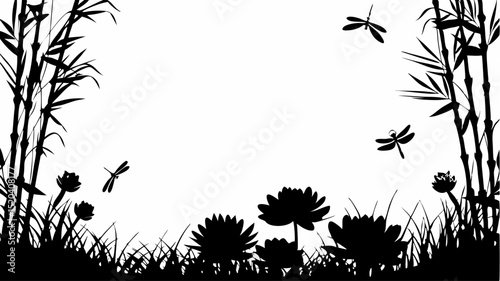 Silhouette of bamboo stalks and lotus flowers with dragonflies in a serene black and white composition editable vector eps,ai