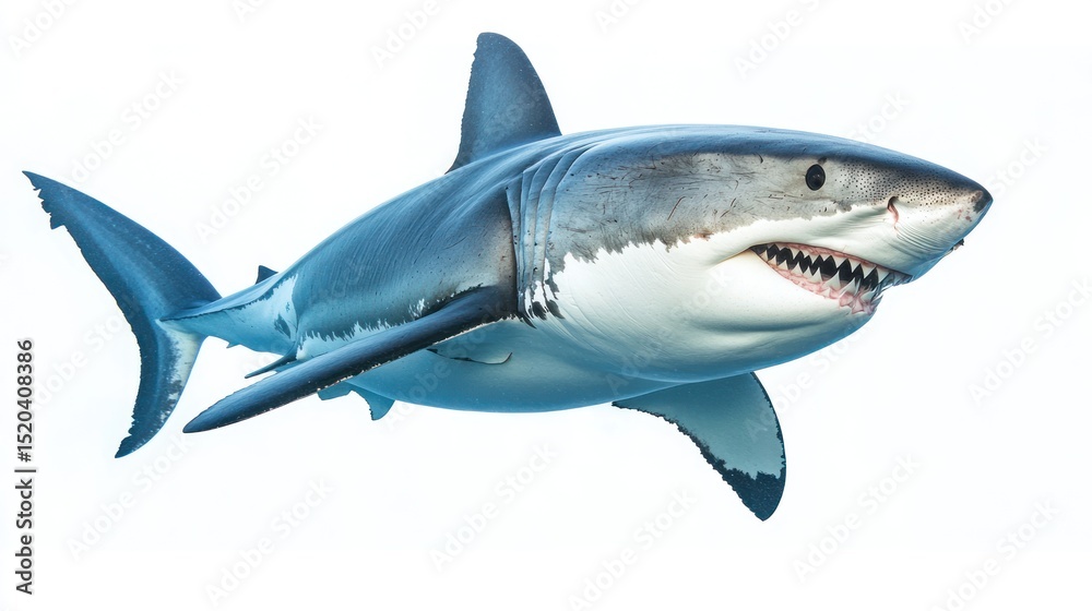 Fototapeta premium Great White Shark, Isolated, Underwater, Powerful Predator, Stock Photo