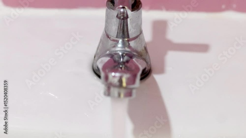 Water from an open faucet flows into the drain hole in the sink, close up