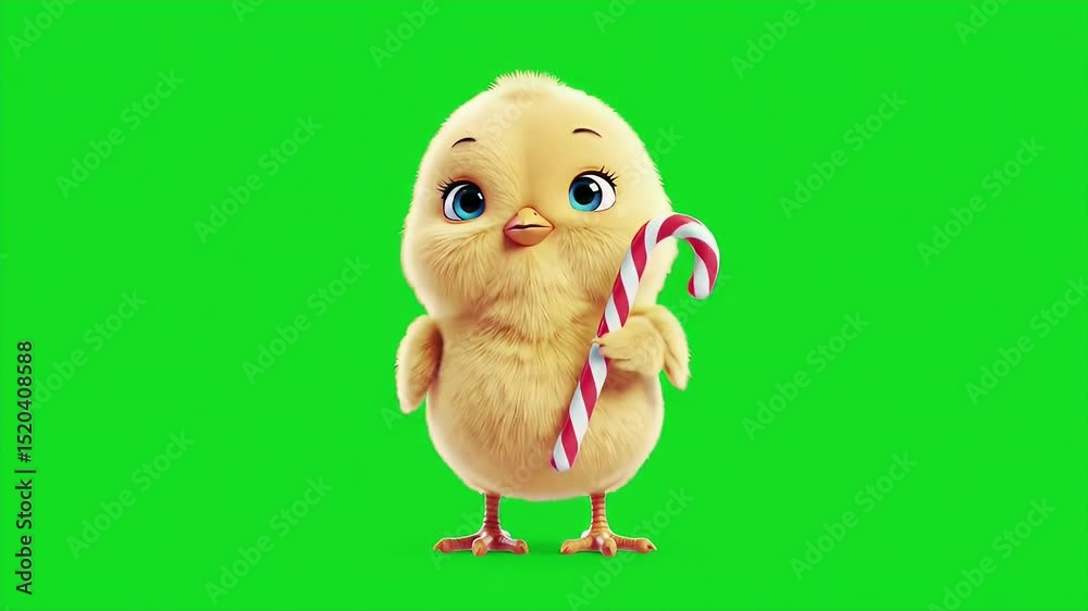 Charming 3D Render of a Cute Cartoon Baby Chicken with Candy Cane on Isolated Green Screen Perfect for Holiday and Children's Content