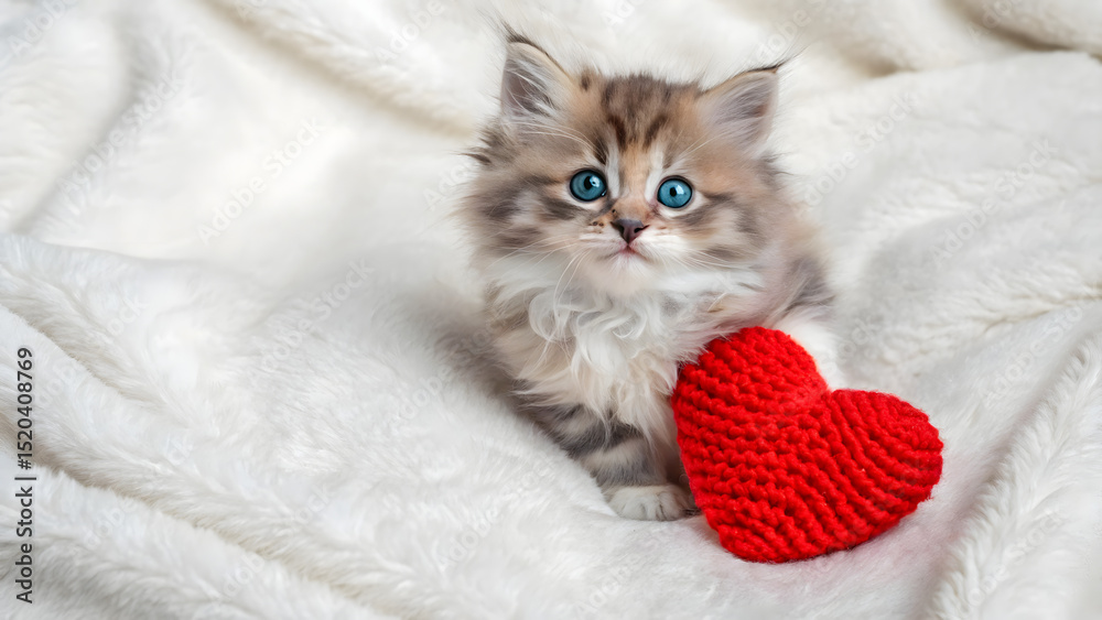 Naklejka premium Valentines day background cute kitty and red knitted heartspace at the white background, copy space.