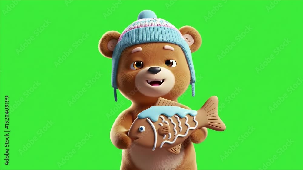 Cartoon Bear Character with Knitted Hat Holding a Fish Cookie in 3D Render on Green Screen Perfect for Holiday Themes