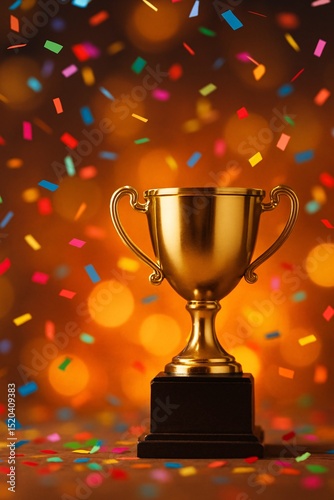 Golden trophy shining under vibrant confetti with warm glowing lights in the background, symbolizing celebration, victory, success, and achievement in a festive setting

