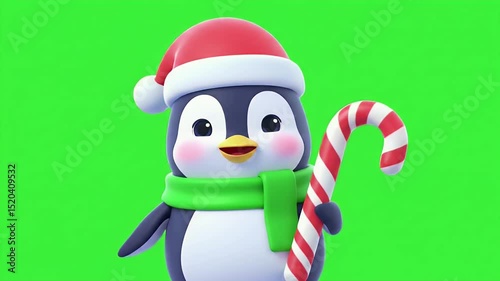 Wallpaper Mural Festive 3D Render Cartoon Penguin with Red Santa Hat and Green Scarf Holding Candy Cane Isolated by Green Screen Torontodigital.ca