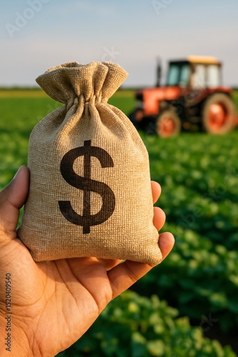 Close-up of a hand holding a money bag with a dollar sign in front of a green agricultural field and tractor, symbolizing farm investment, agribusiness, and rural finance concepts

