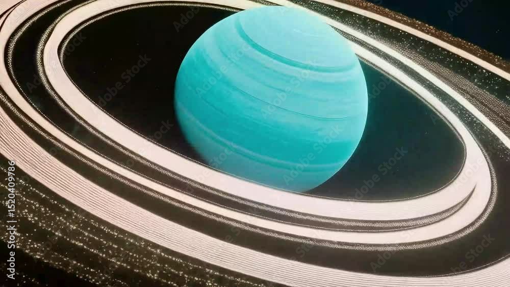 A blue planet with rings of light surrounded by stars in the darkness of deep outer space view