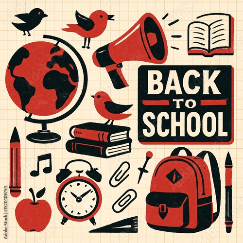 Retro style flat vector illustration of school supplies and learning elements including books, globe, backpack, alarm clock, and megaphone with “Back to School” typography

