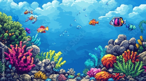 Pixelated Underwater Paradise Coral Reef  Colorful Fish