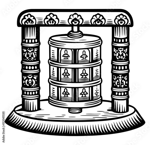 An antique-style engraving showcases a Tibetan prayer wheel, ornately decorated and mounted on a stand.