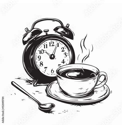 A Warm Cup of Coffee on the Table with Alarm Clock Symbolizing Coffee Time.