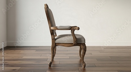 Side view of a vintage ornate wooden chair with gold accents upholstered in light gray fabric set against a white wall and wooden floor. The chair features detailed carvings.